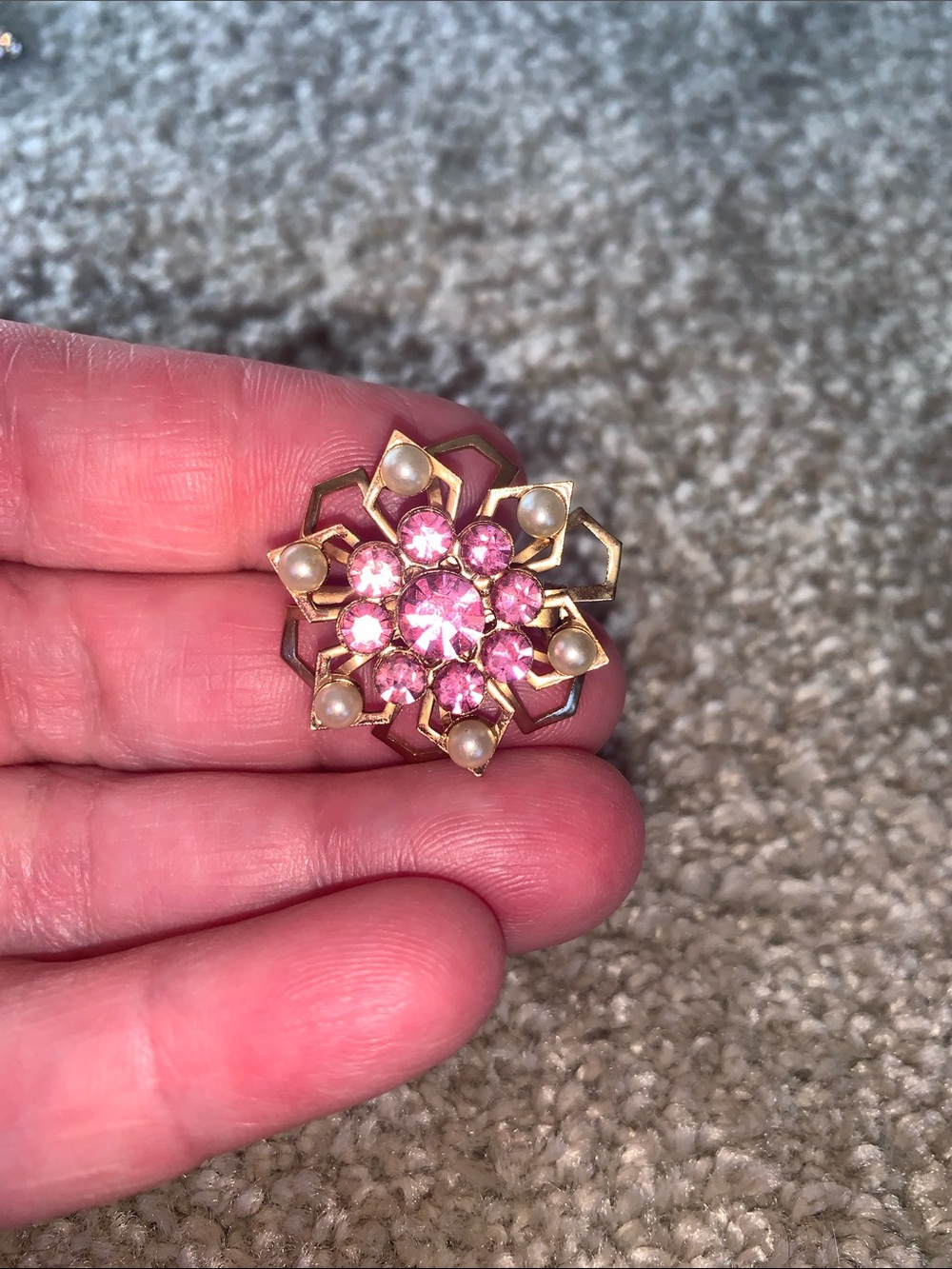 Small Vintage Pink Rhinestone and Pearl Flower style Brooch